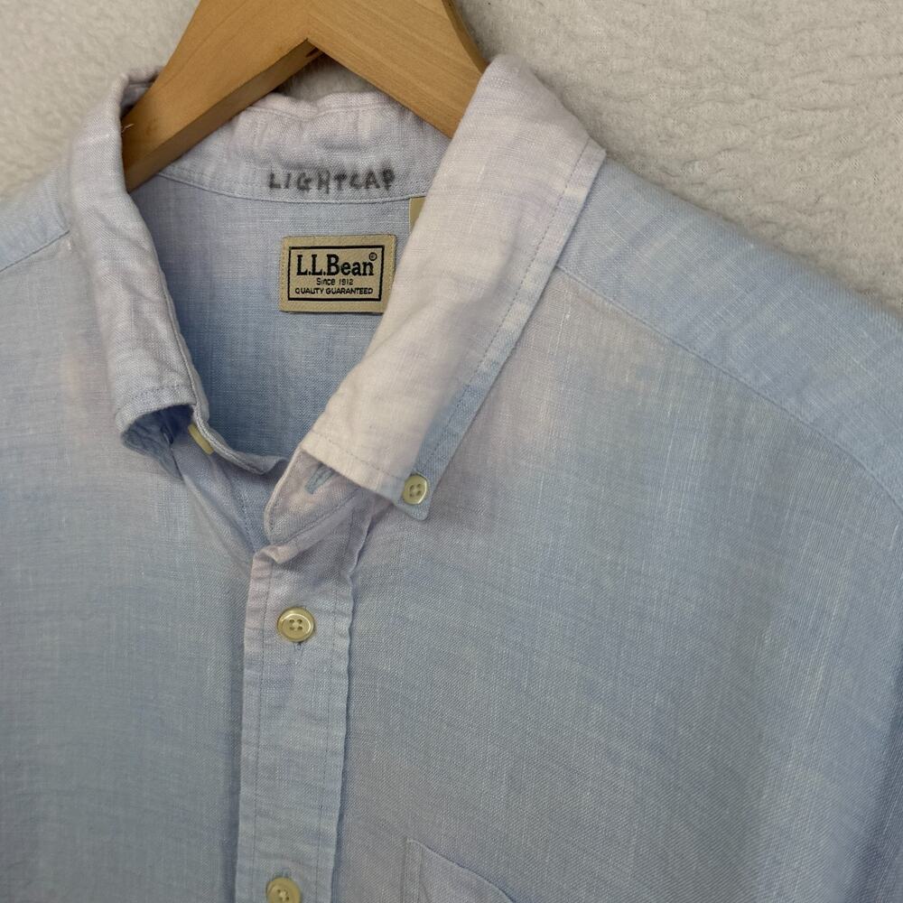 LL BEAN Shirt Mens L Linen Bleached Lightweight Button Up Woven Blue HK VTG